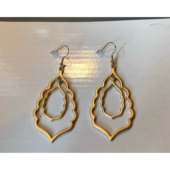 Gold Toned Double Drop Earrings Open Frame Lightweight Casual or Formal - Picture 8 of 8